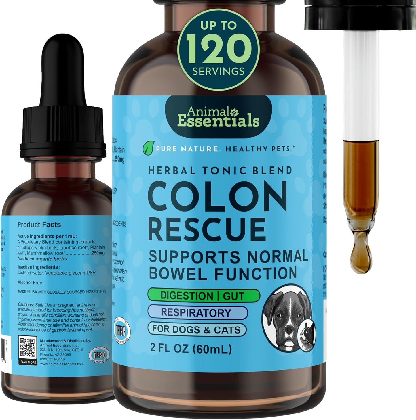 Animal Essentials Colon Rescue - Dog Stool Softener, Organic Slippery Elm Bark, Fast Acting Anti Diarrhea Liquid Drops for Dogs & Cats, Natural Constipation Relief Supplement for Pets - 2 fl oz