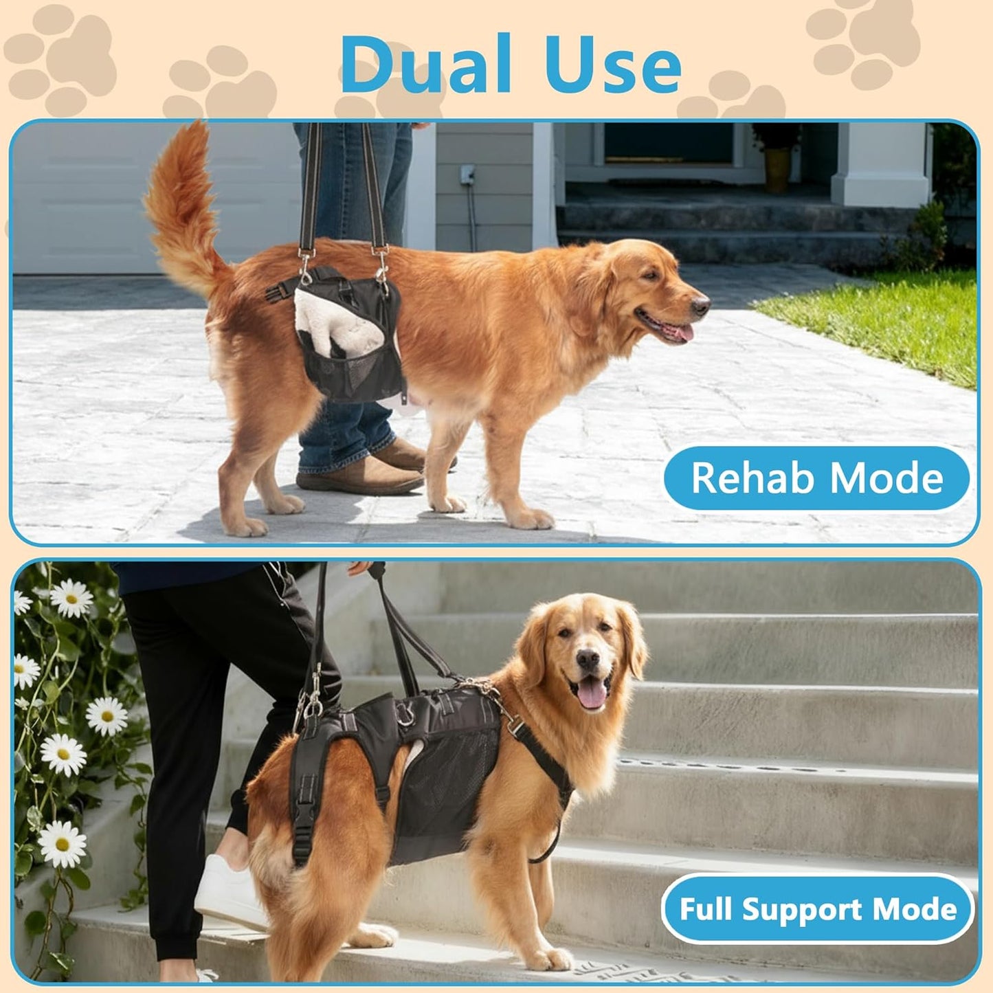 Dual-use Dog Lift Rehab Hareness Canine Sling for Large Pooch Rear Legs and Hip Support,Adjustable and Soft Brace Strap for After ACL Surgery, Helps Senior, Injured and Disabled K9.