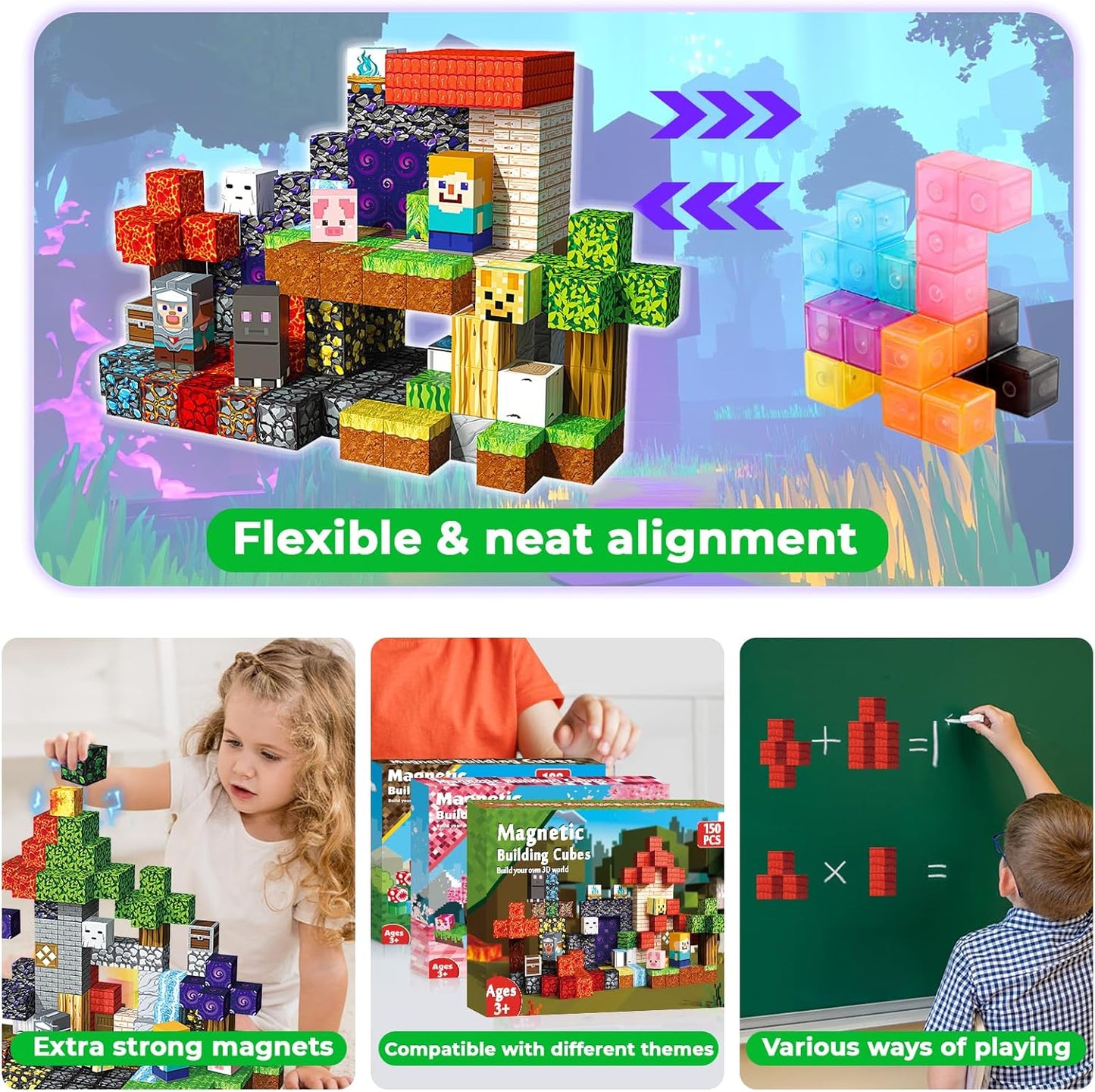 150 PCS Magnetic Blocks - Magnetic Building Blocks for Kids, Magnet Building Cubes for Boys Girls, STEM Montessori Sensory Toys Stacking for 3 4 5 6 7 8 9 10 11 12 13 Easter Birthday Gift