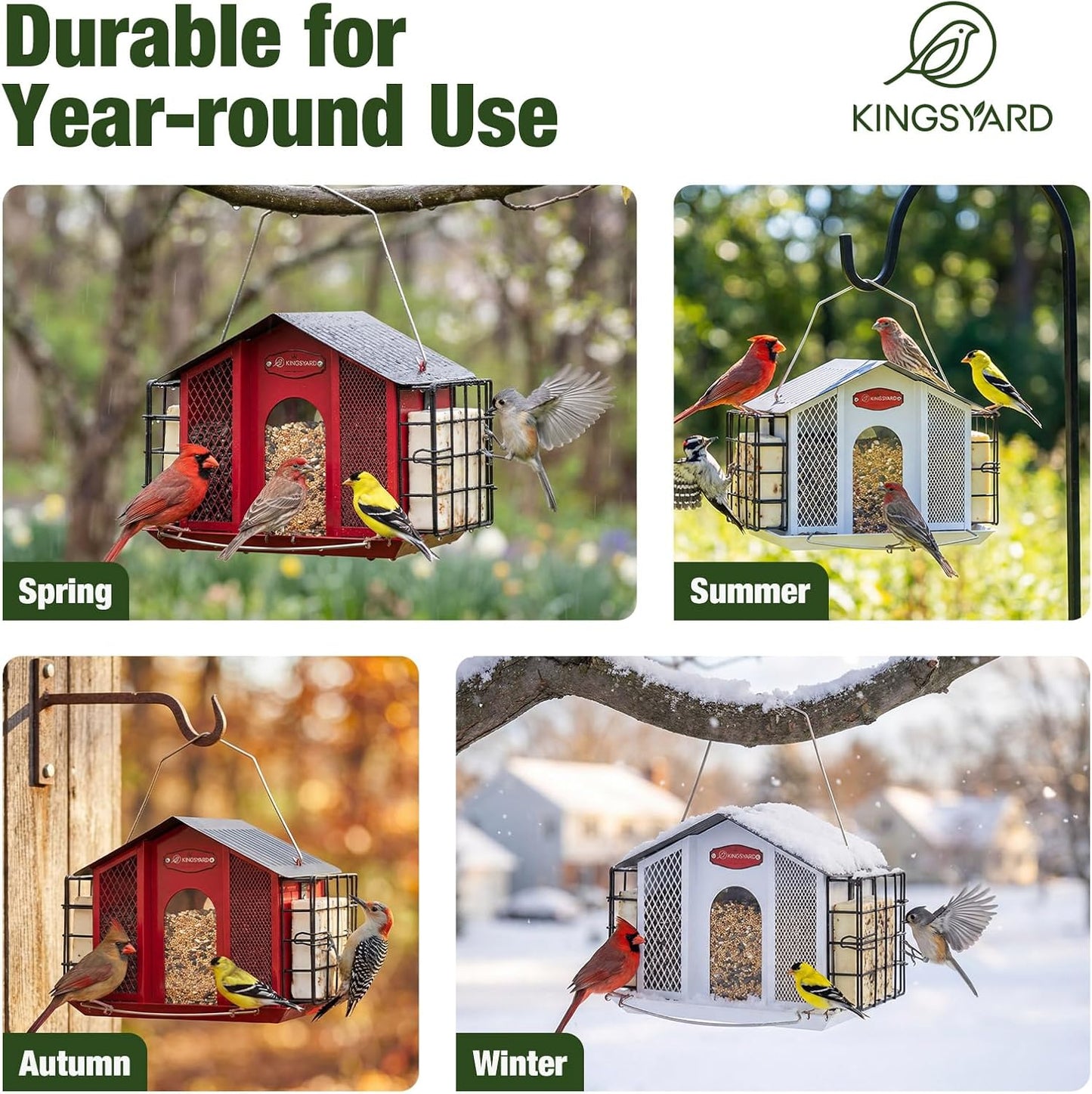Kingsyard Large Metal Bird Feeders for Outdoors Hanging with Weatherproof Roof, 4 in 1 Removable Double Suet Feeder for Woodpecker, 4 Lbs Capacity for Cardinal Finch Chickadee, White