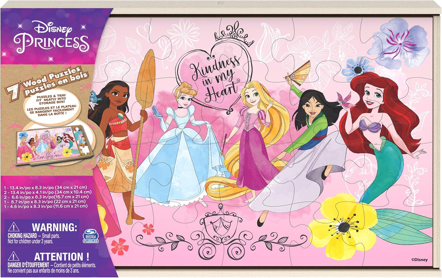 Spin Master Games, Disney Princess Puzzles, 7-Pack, Jigsaw Kids Puzzles, 12, 16, & 24 Pieces, Featuring Ariel, Tiana, Rapunzel, Pocahontas, Storage Tray, Easter Gift, for Ages 4 & Up