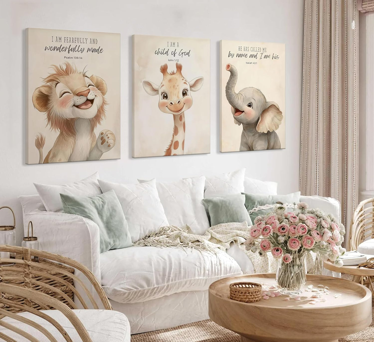 3Pcs Bible Verses Christian Nursery Safari Animals Canvas Wall Art Child of God Cute Animals Picture Wall Decor Lion Giraffe Elephant Poster Print Artwork for Kids Boys Girls Room Home Decoration