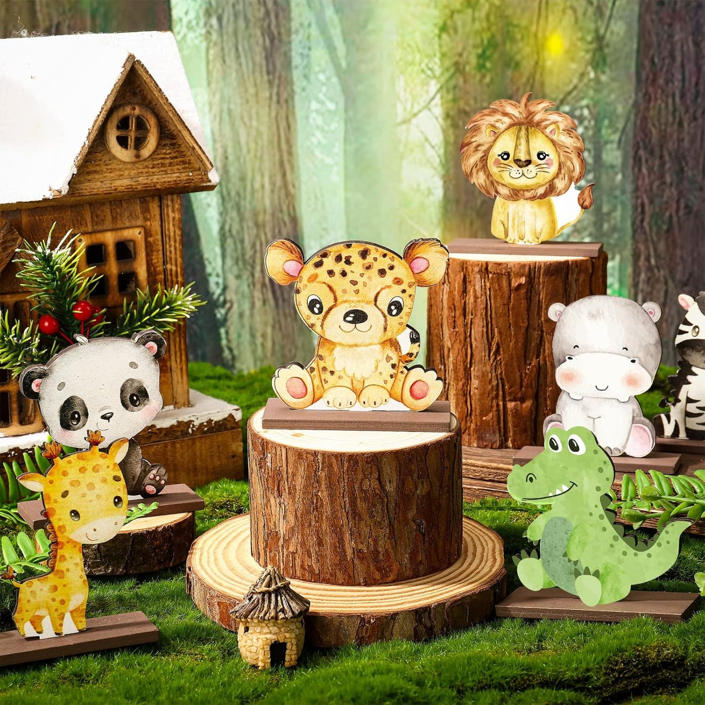 Yaomiao 12 Pcs Safari Jungle Animal Wooden Table Centerpiece Cutout Shapes Forest Painted Baby Shower Decorations Wild Creatures Wood Table Sign for Forest Camp Birthday Party Supplies