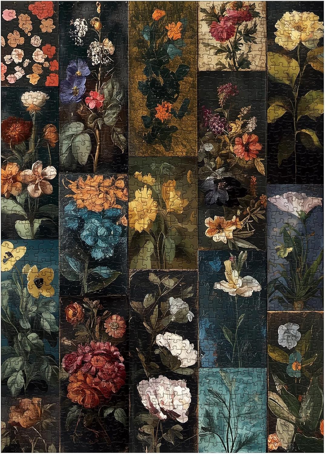 Vintage Collage Flower Puzzle 1000 Pieces for Adults, Floral Wildflower Colorful Art Jigsaw Puzzle, Beautiful Moody Aesthetic Sunflower Puzzles