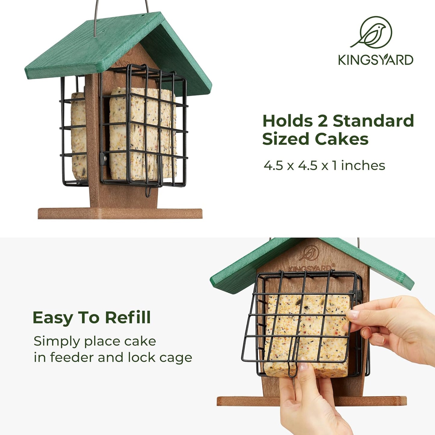 Kingsyard Recycled Plastic Double Suet Feeder with Rainproof Roof & Perch, Cage Suet Bird Feeders for Outdoors Hanging, Great for Woodpecker, Chickadee, Nuthatch (Green)