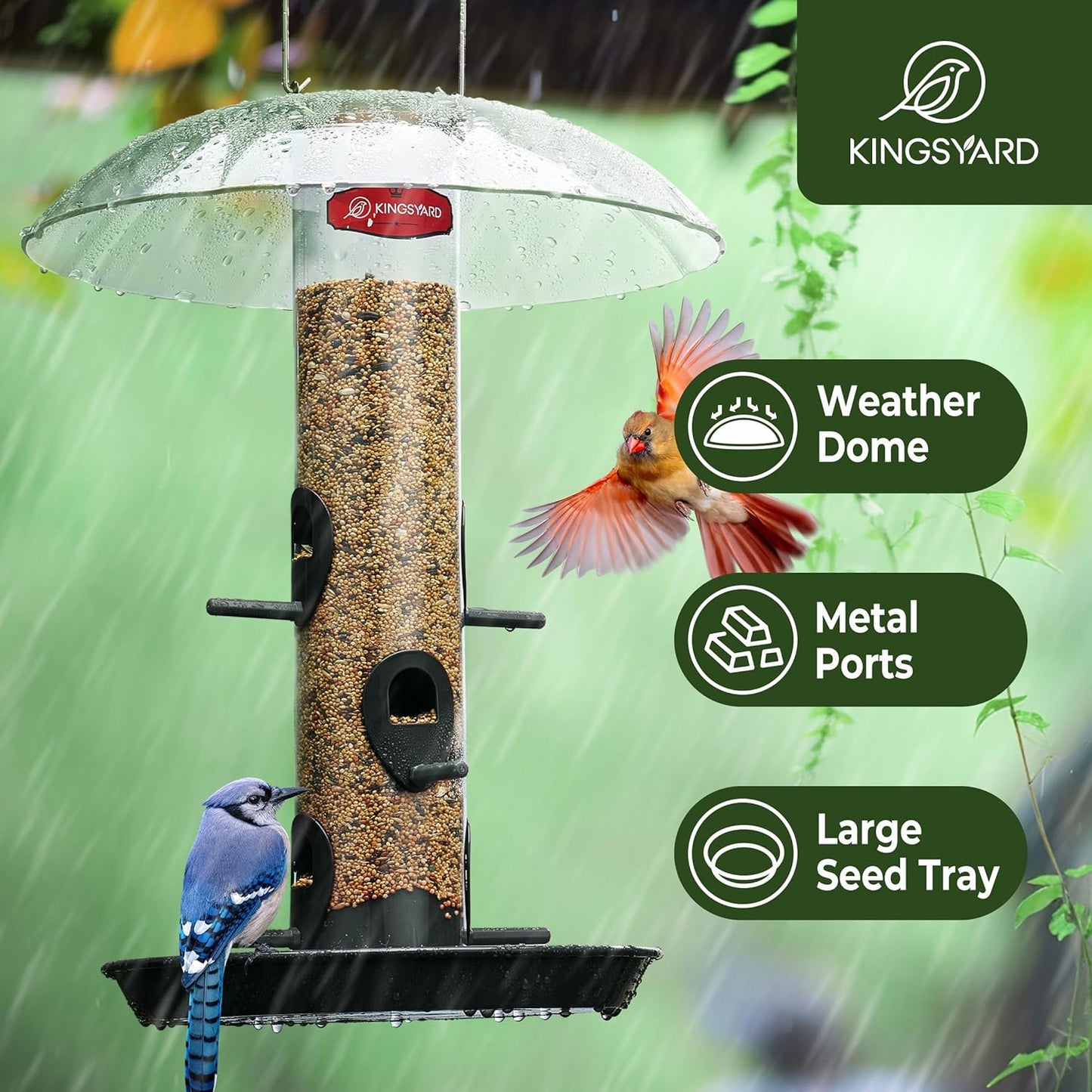 Kingsyard Metal Bird Feeders for Outdoors Hanging, Wild Bird Feeder with Large 11.5" Protective Dome and 8" Removable Tray, 3 lb Seeds Capacity (Black)