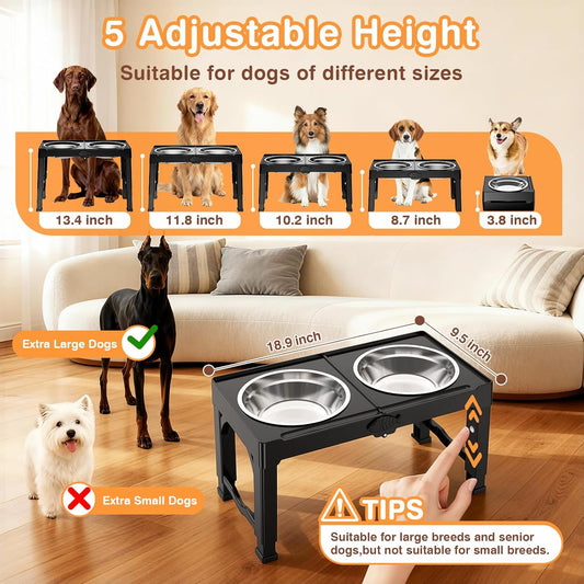 Elevated Dog Bowls Stand with 5 Heights from 3.8" to 13.4", Raised Dog Bowl Suitable for Medium & Large Sized Dogs, Adjustable Pet Food Stand with 2 Stainless Steel Bowls, Foldable Feeder, Black