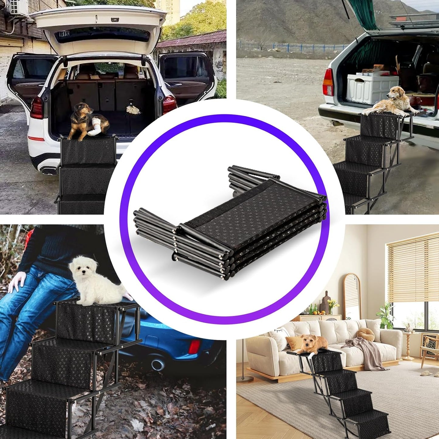 Dog Stairs for Car, Foldable Ramps for Dogs with Non-Slip Surface for Large Dogs Portable Dog Steps for Cars and SUV, Truck to 200 lbs, 4 Steps