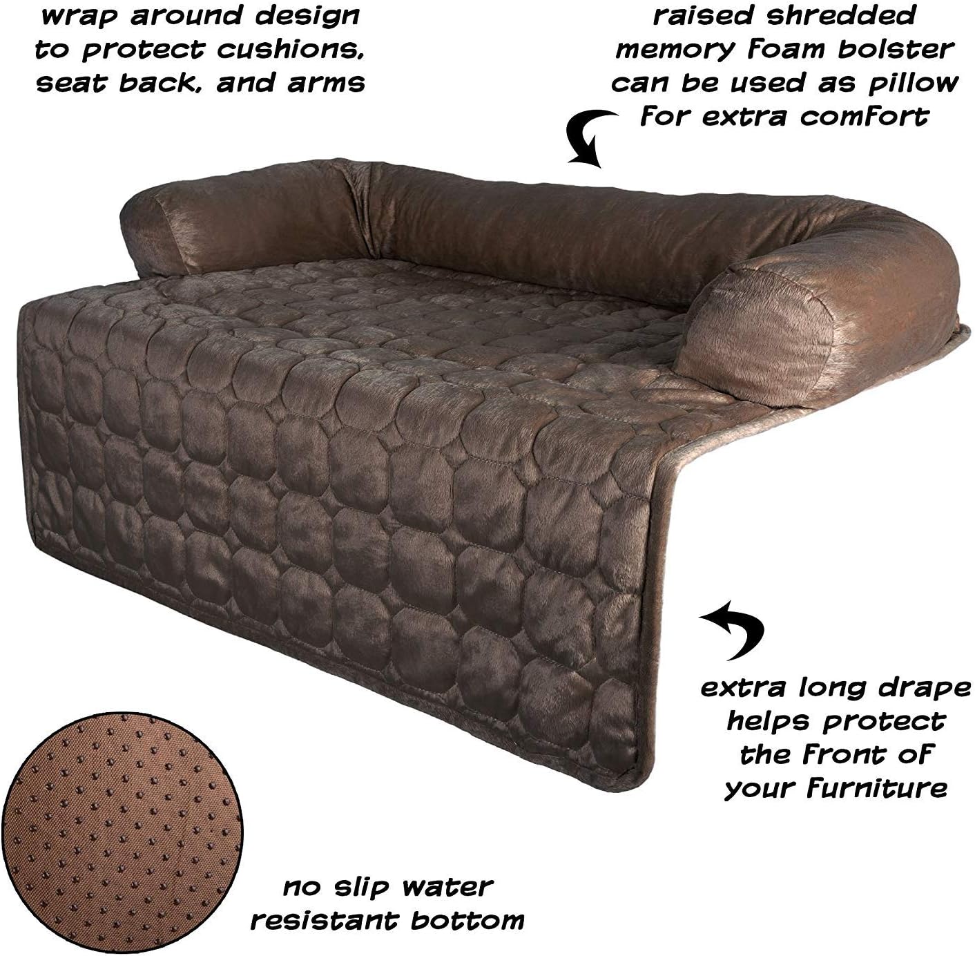 Couch Cover for Dogs – 35x35 Pet Furniture Protector with Memory Foam Bolster, Quilted Fabric, Non-Slip Water-Resistant Base Layer by PETMAKER (Brown)