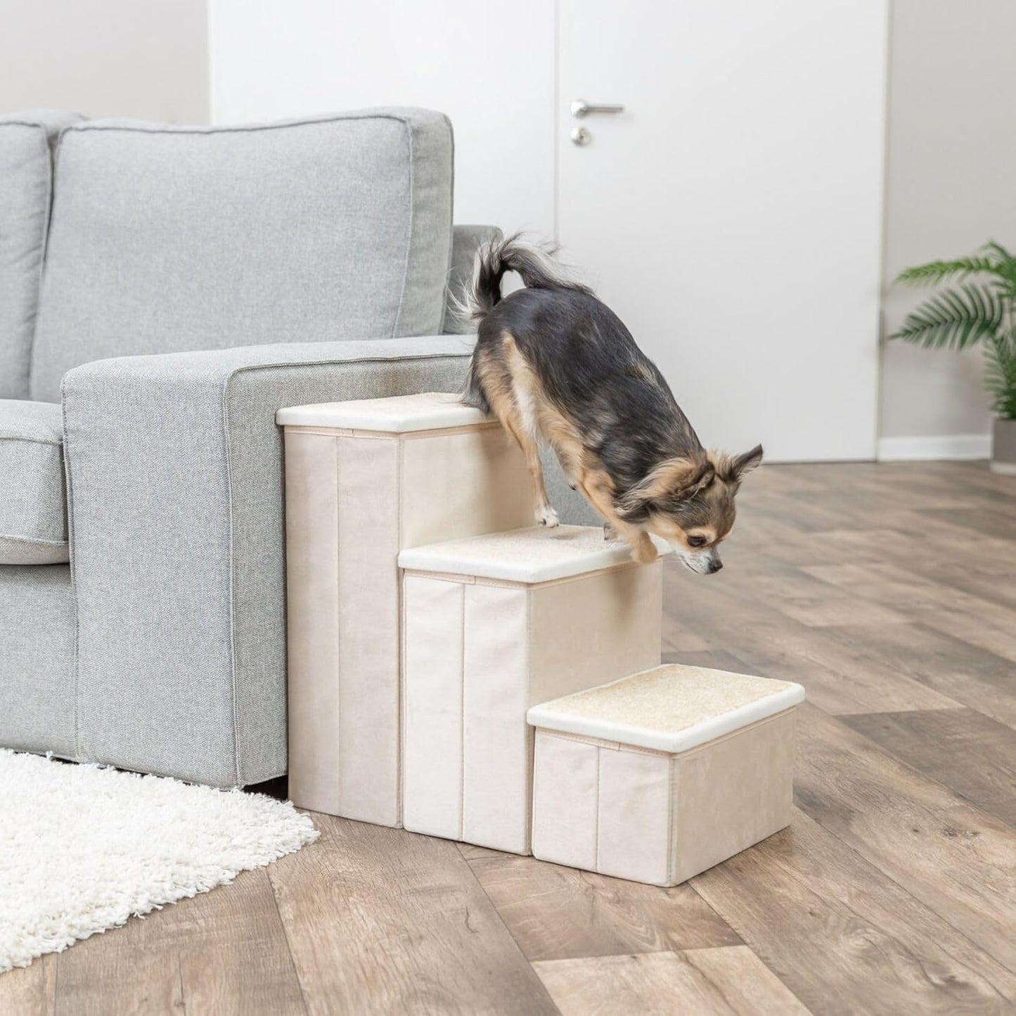 Trixie Velour Foldable 3-Step Pet Stairs with Storage, Collapsible, Storage Compartments for Pet Toys, Beige