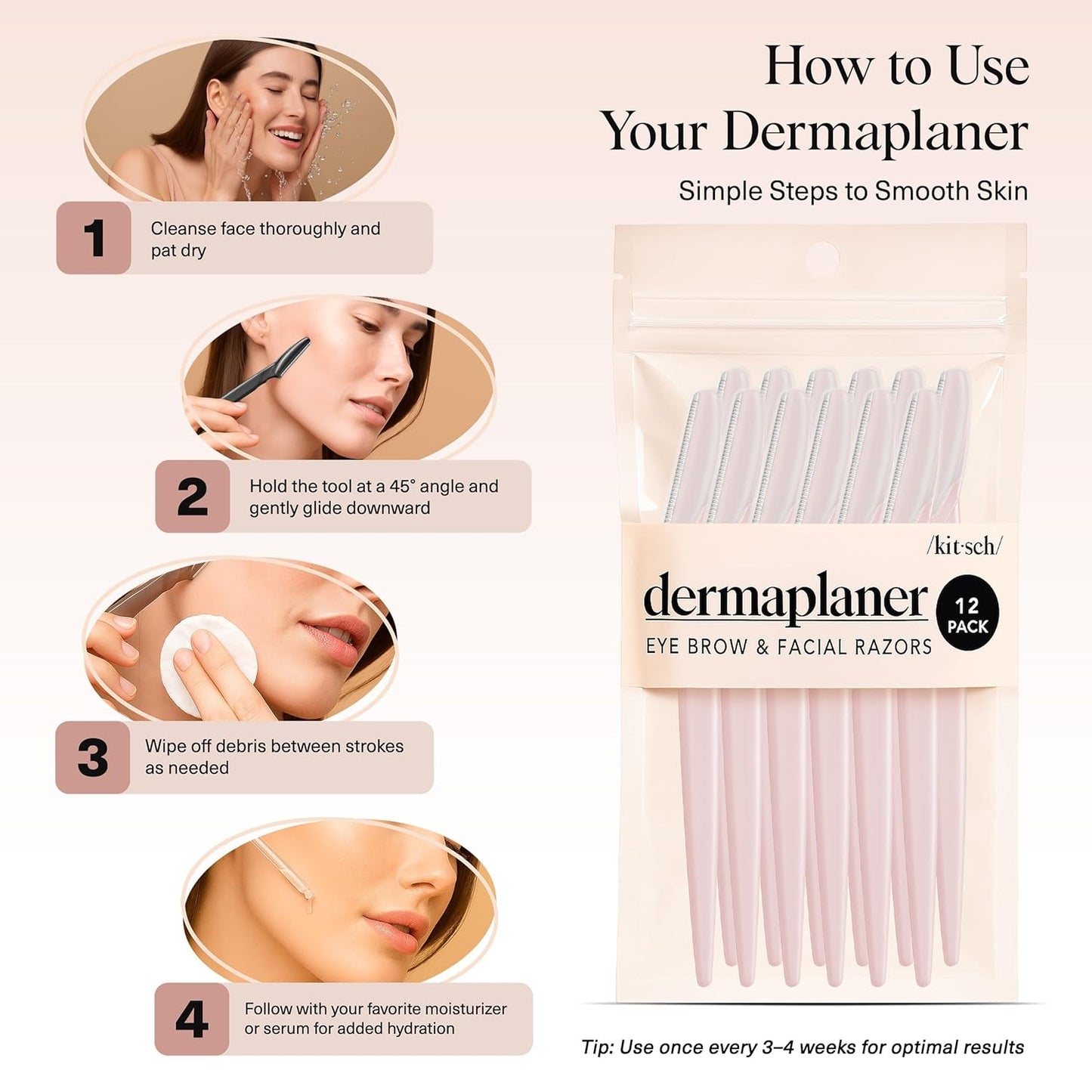 Kitsch Dermaplane Razor for Women Face – Face Razors for Women & Men, Eyebrow Trimmer & Face Shaver – Exfoliating Facial Razor & Skin Care Tool for Smoother Skin - Blush, 12 pcs