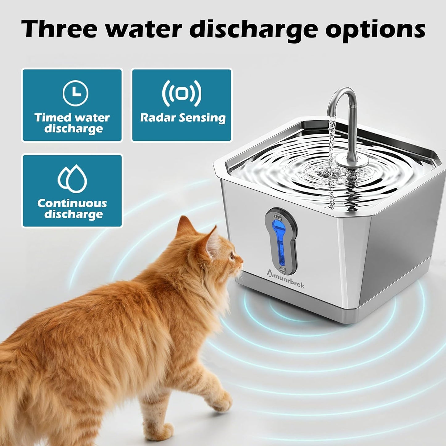 Wireless Cat Water Fountain, 3.5L Stainless Steel, Smart App & Motion Sensor Control, Battery Operated, Silent Pump, Low Water Alert & Drinking Tracking