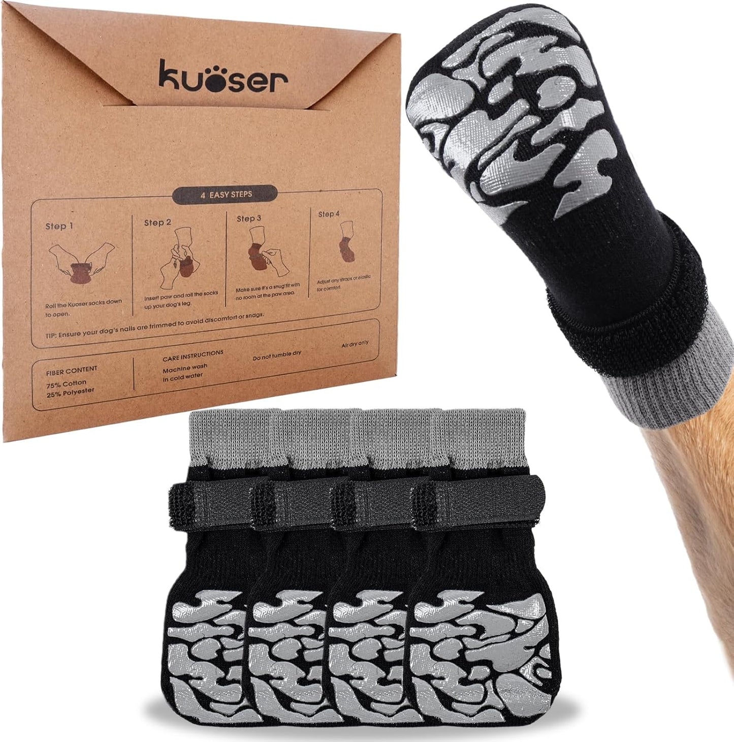 Kuoser Non-Slip Dog Socks, 4 Pcs Socks to Prevent Licking Paws, Paw Protectors for Hot Pavement, Hardwood Floors, Traction Control for Small, Medium, Large Dogs