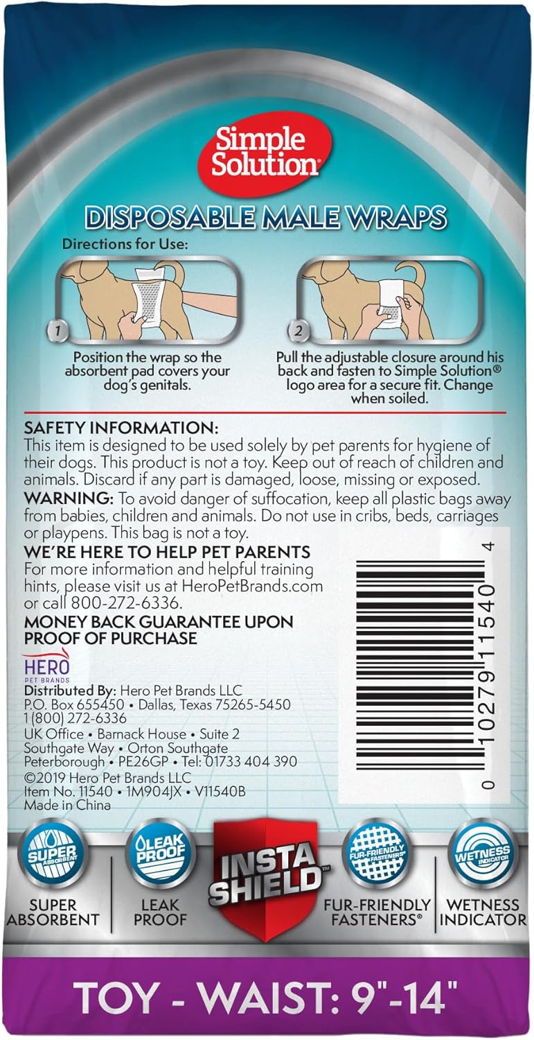 Simple Solution Disposable Male Wraps, Absorbent Leak Proof Belly Bands for Dogs, Incontinence Aid, Puppy Training, Marking Control, and Travel Protection, Toy Dogs, 9–14 Inch Waist, 30 Count