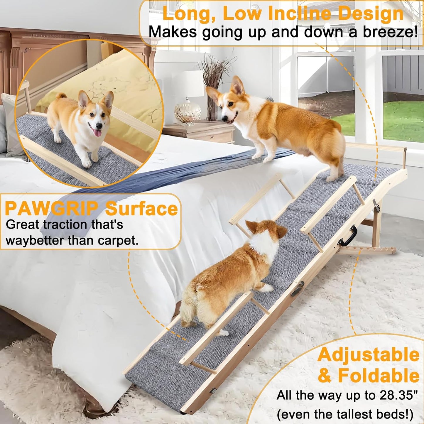 Dog Ramp for Bed, Couch & Car – Adjustable Foldable Pet Ramp, 64.17" Long, 17.72" Wide, Non-Slip Surface with Safety Rails, 8 Heights 20.08"-28.35", Supports 220 lbs, Solid Wood (Gray, 17.72)