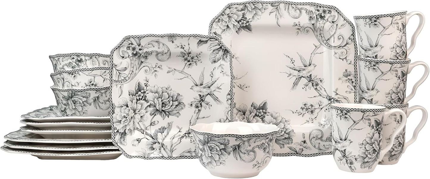 222 Fifth Adelaide 16-Piece Square Floral Dinnerware Set – Service for 4, Grey & White Porcelain Plates & Bowls, for Everyday Dining & Entertainment, Microwave & Dishwasher Safe, Chip Resistant