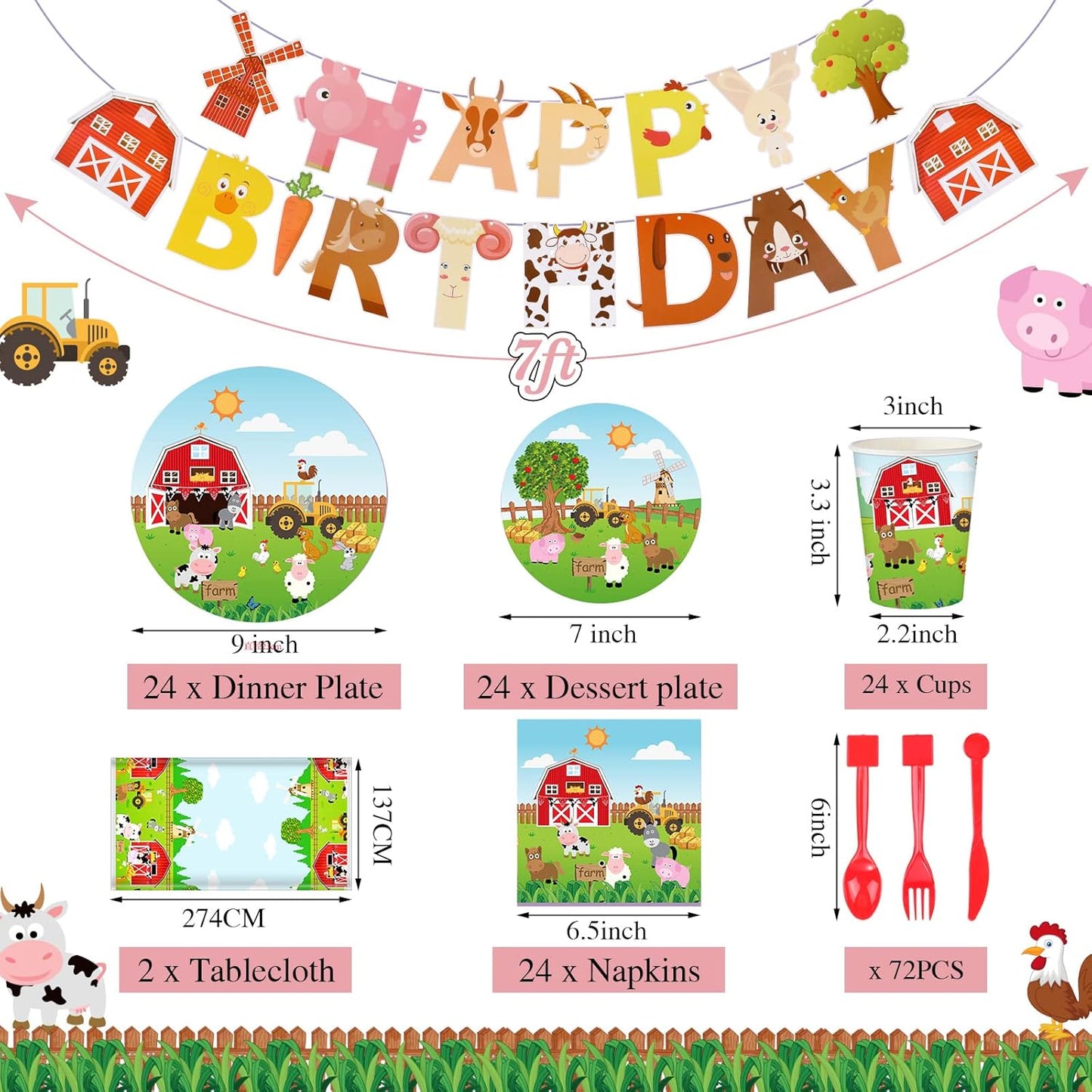 Pajean 171 Pcs Farm Animals Birthday Party Supplies, 24 Guests Barnyard Theme Disposable Tableware Set, Includes Banner, Tablecloth, Plates, Cups, Napkins, Cutlery for Baby Shower, Summer Picnic