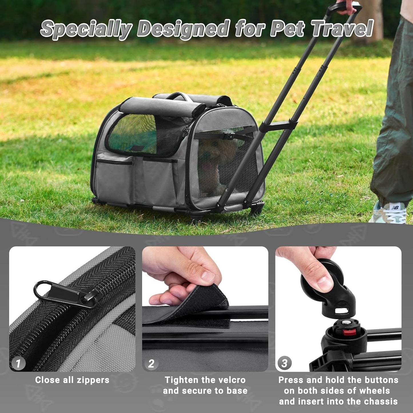 Large Pet Carrier with Wheels, Foldable Rolling Dog Carrier with Big Pocket, Cat Rolling Bag 21"x13"x13" for 2 Cats &Dogs, for Travel, Outdoor, Vet Visits, Camping, Indoor. Gray. (Not for Airline)