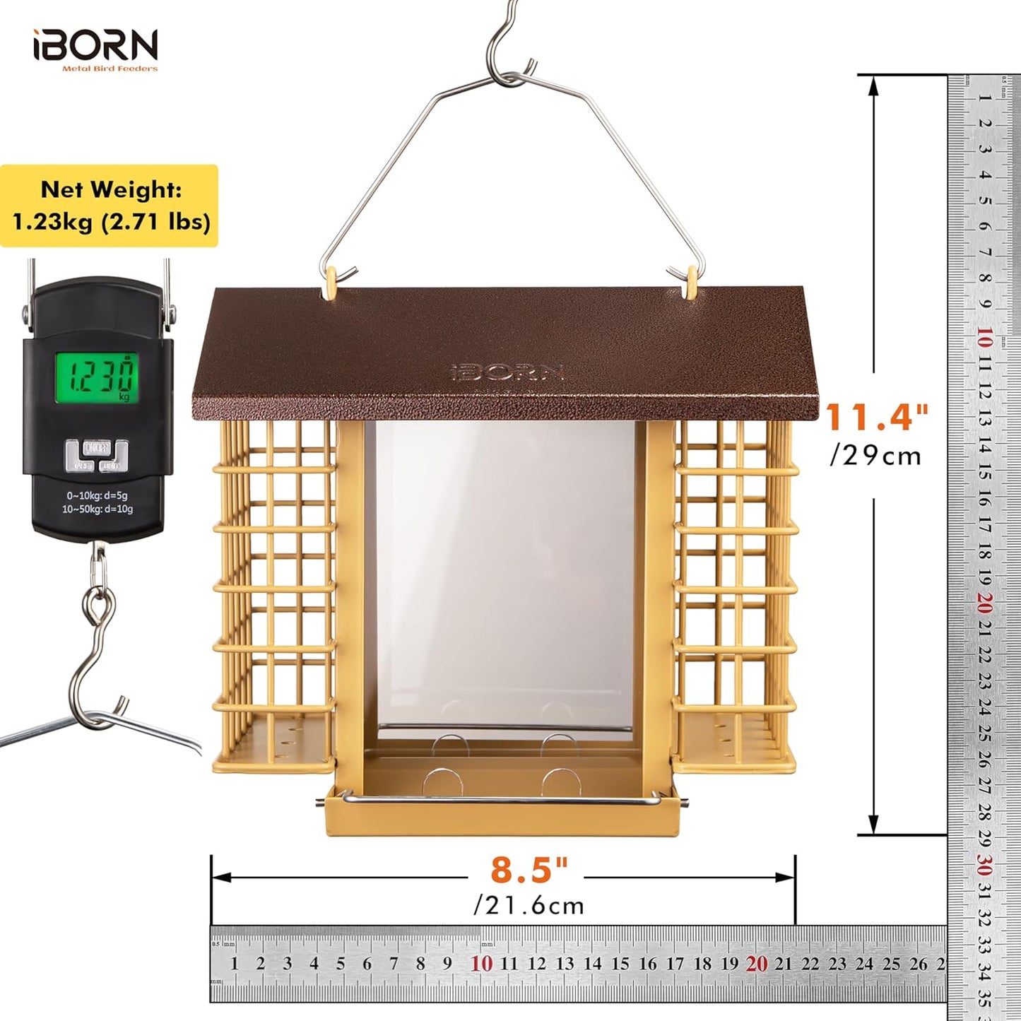 iBorn Bird Feeders for Outdoors,Bird Feeder with Double Suet Holders,Suet Feeder for Outside,Weatherproof Metal Roof,Easy to Refill&Clean,3.2 LBs Seed Capacity+2X Cake,1 Pack,Coffee Roof & Yellow Grid