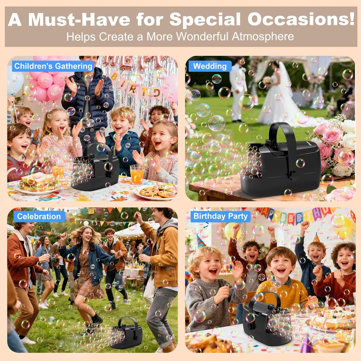 Bubble Machine Durable Automatic Bubble Blower, 18000+ Big Bubbles Per Minute Bubbles for Kids Toddlers Bubble Maker Operated by Plugin or Batteries Bubble Toys for Indoor Outdoor Birthday Party