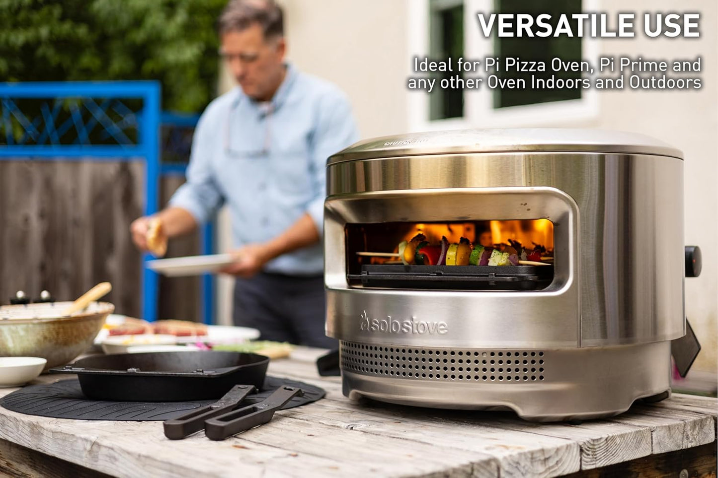 Solo Stove Pi Cast Iron 3-Piece Cookware Set | Incl. Round Skillet (30,5 cm), Reversible Grill/Griddle (29,2 x 33 cm), 2 Removable Handles, Bamboo/Stainless Steel Base for Protection