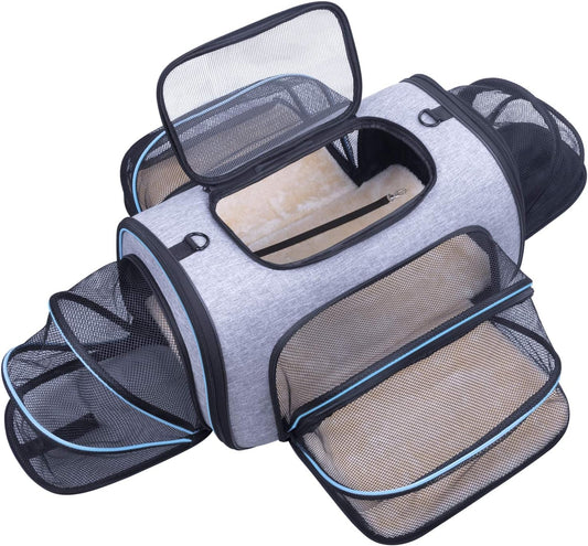 Siivton Pet Carrier Airline Approved, 4 Sides Expandable Cat Carrier Bag with Removable Fleece Pad, Large Soft Sided Pet Travel Carrier, Dog Carrier for Cats, Puppy and Small Dogs