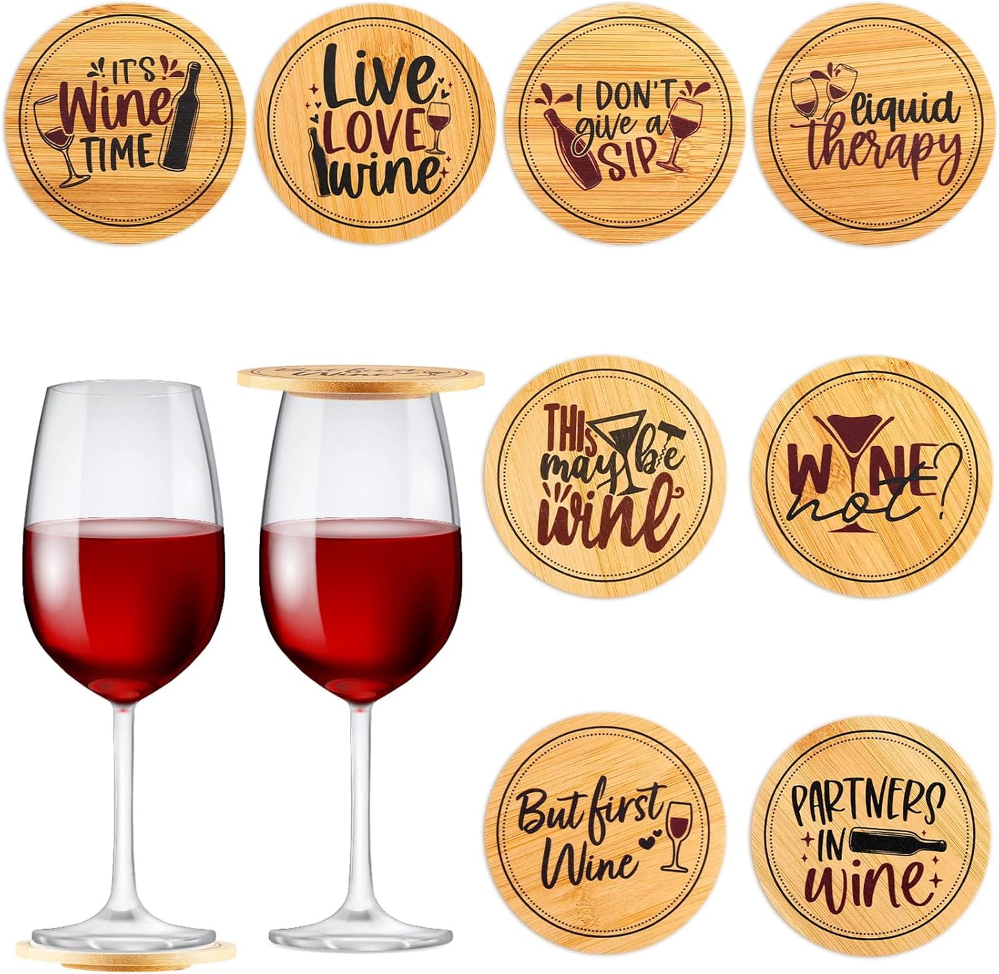 Tessco for you 8 Pcs Wine Glass Covers Funny Wood Charcuterie Drinking Glass Covers to Keep Bugs out Bamboo Water Toppers Keeps Debris out for Outdoor Party Wine Housewarming Gifts (Fresh)