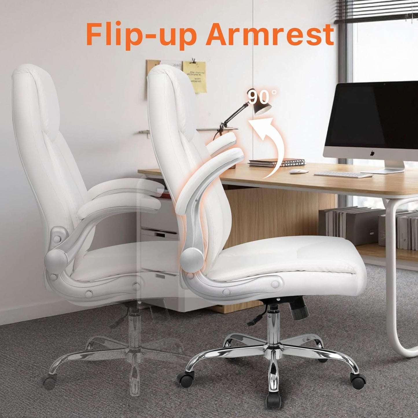 NEO CHAIR Ergonomic Office Desk Gaming Computer Chair Executive High Back Support Flip-up Arms Adjustable Height Swivel Rolling Wheels Comfy PU Leather for Home (White)