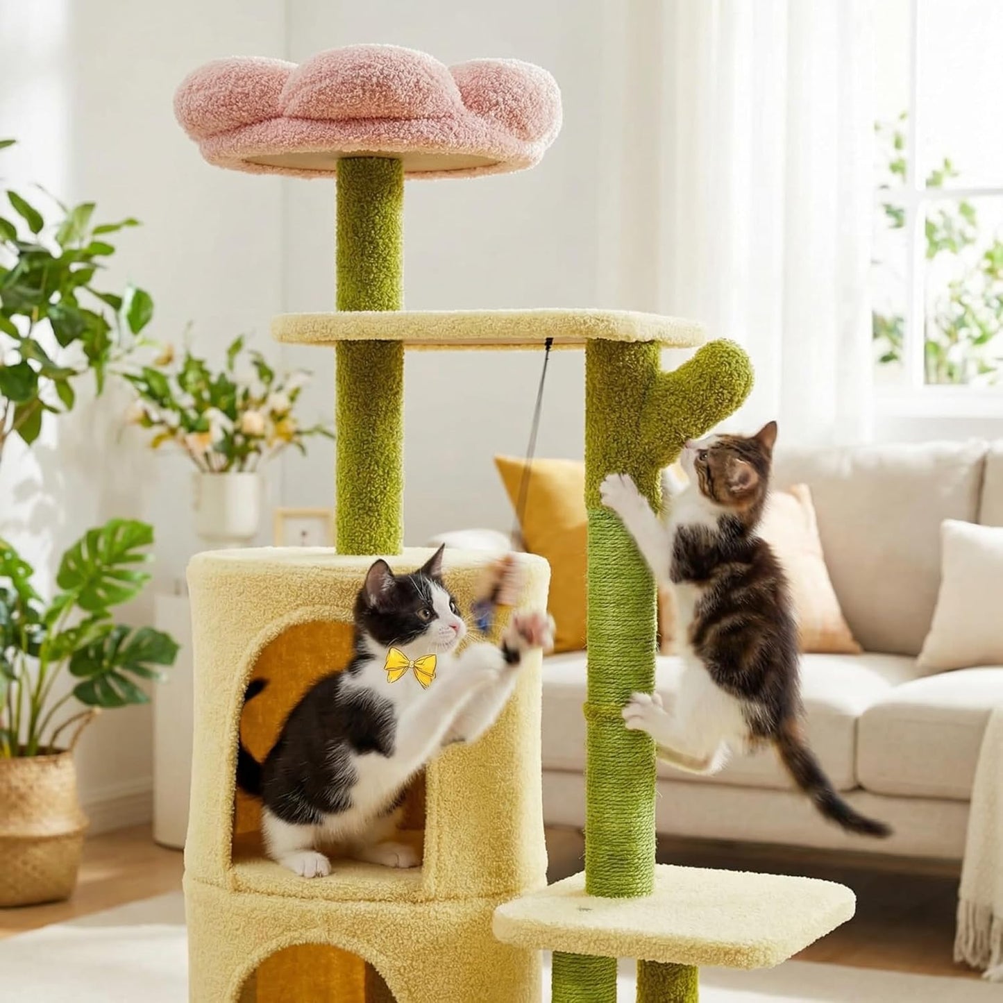 Erinnyees Flower Cat Tree, 38.2 Inches Cat Tower, Multi-Level Indoor Kitty Tree Tower, Kitty House with Cozy Top Flower Platform, Spacious Condos, Soft Hammock, Sisal Scratching Post