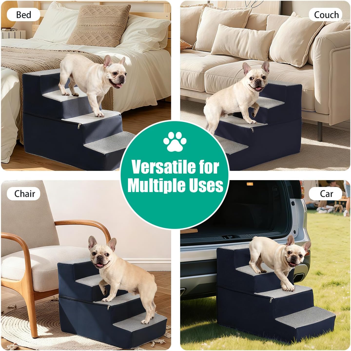 Dog Stairs for Small Dogs 18" H, Non-Slip Pet Stairs Ramp for Small Medium Dogs and Cats, Doggy Steps for Bed, Couch or Chair, High Density Foam Indoor (Grey, 15"x24"x18", 4)