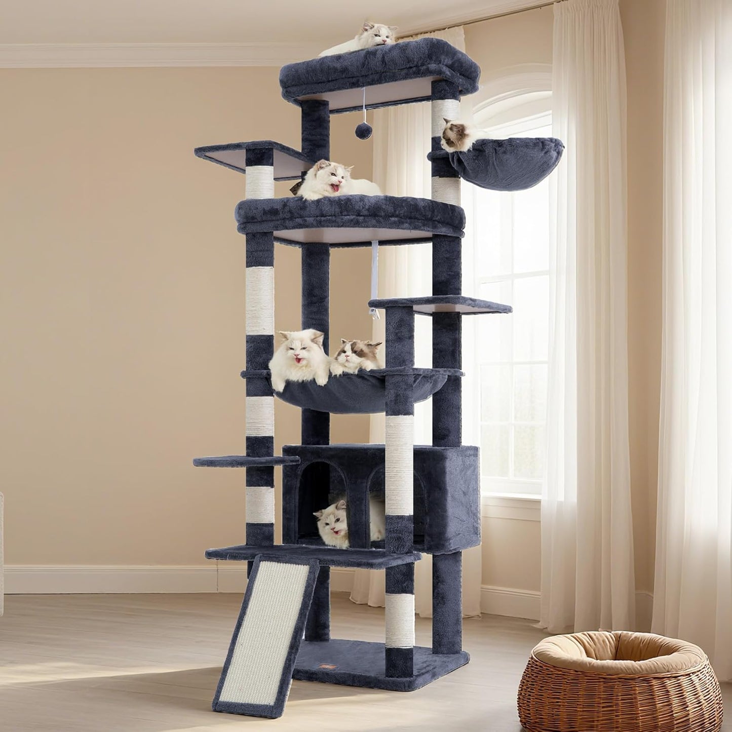 Heybly Tall Cat Tree for Large Cat, 80-inch Multi-Level Cat Tower for Indoor Cats with Large Baseboard, Condo Furniture with 2 Widened Plush Perches,Scratching Board and Big Caves, Smoky Gray HCT038G