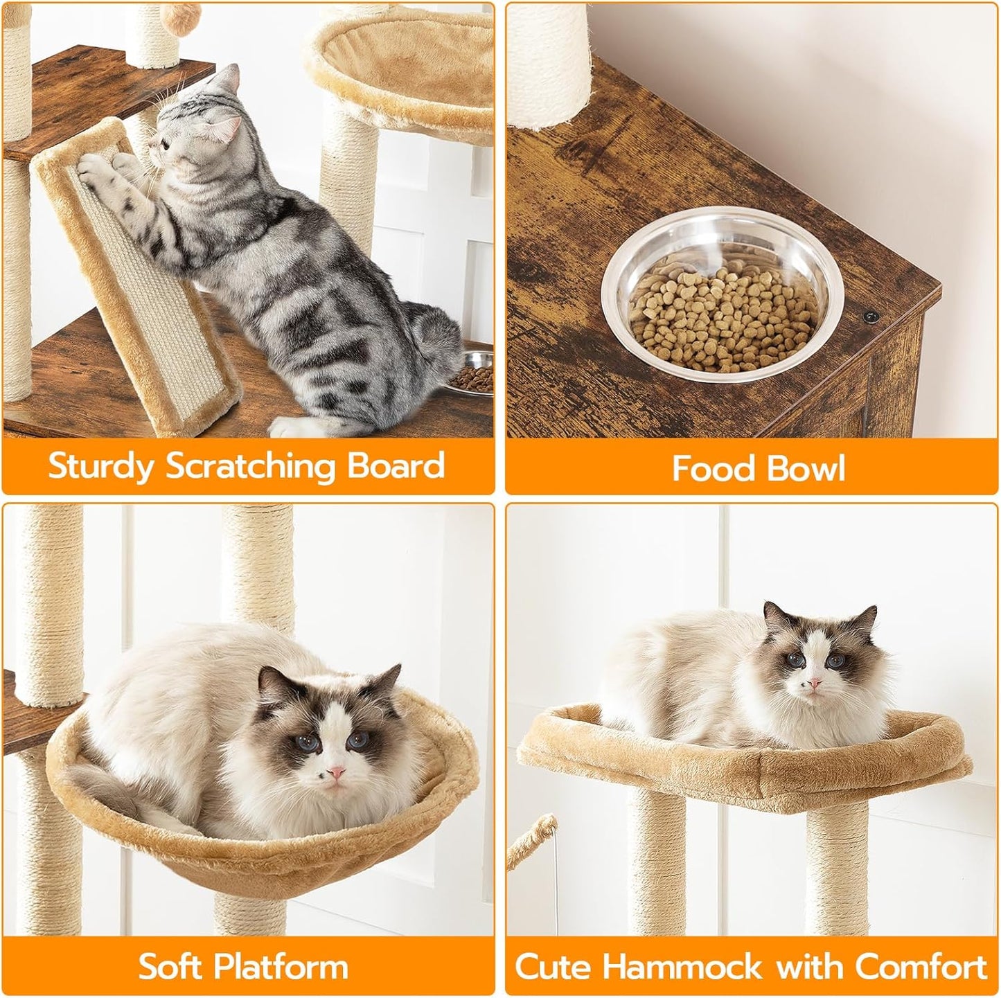 HOOBRO Cat Tree with Litter Box Enclosure, 44" Tall Wooden Cat Tower with Scratching Posts, Cat Hammock, Hidden Litter Box Furniture, All-in-One Indoor Cat Condo, Rustic Brown FG48MZ03
