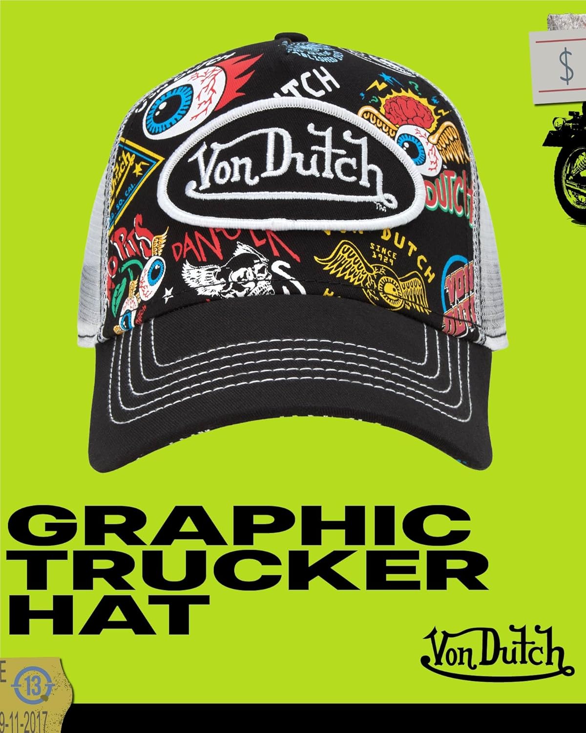 Von Dutch Monogram Trucker Cap - Retro Snapback Cap for Men and Women - Adjustable Snap Fit Panel, Mesh Rear, Curved Bill