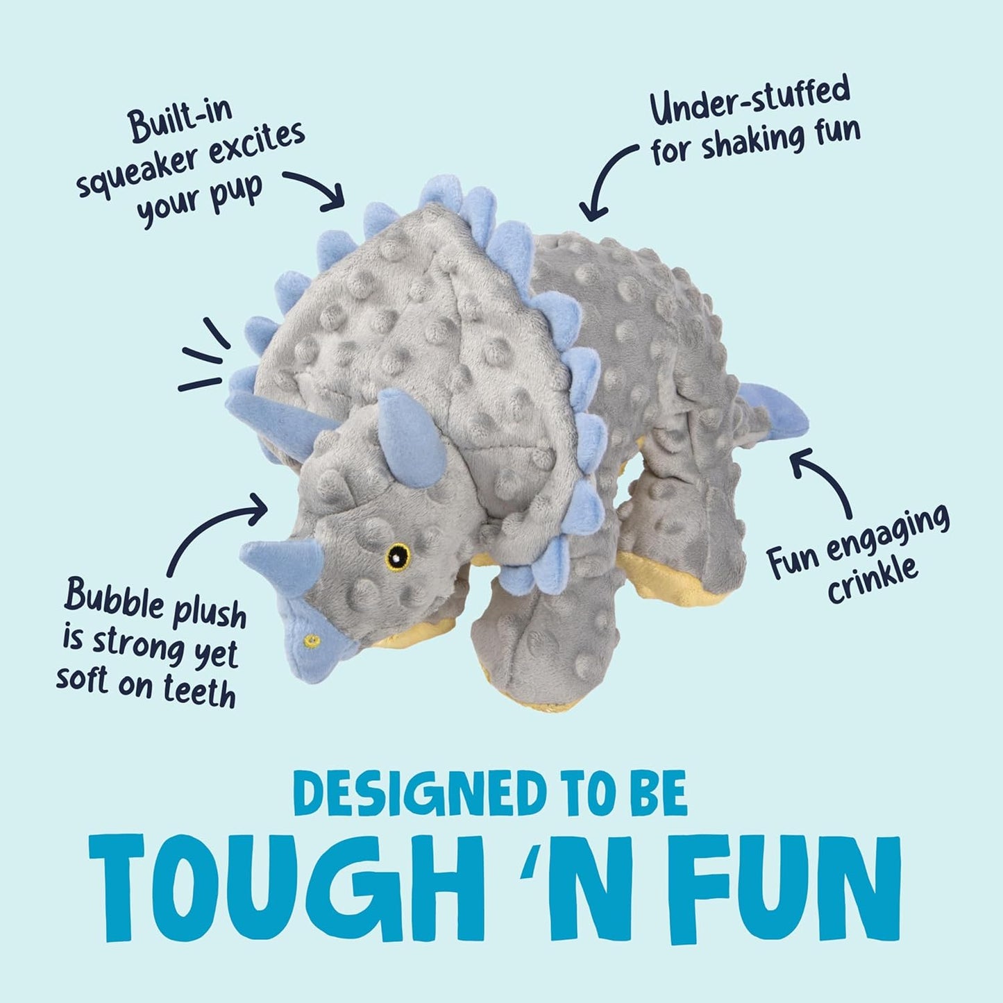 goDog Dinos Frills Squeaky Plush Dog Toy with Chew Guard Technology, Durable Fabric & Squeaker for Active Play, Gray, Large