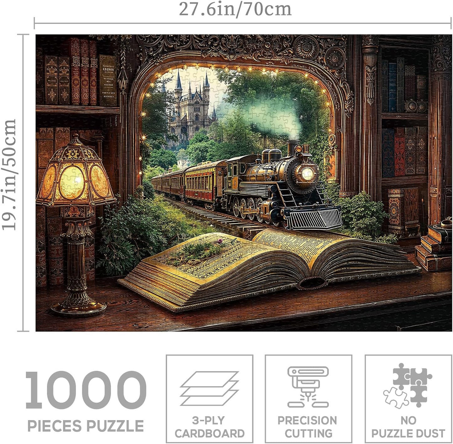 Train Forest Book Puzzle 1000 Pieces for Adults, Magic Vintage Plant Jigsaw Puzzles Castle, Fantasy Bookshelf Nature Tree Puzzles