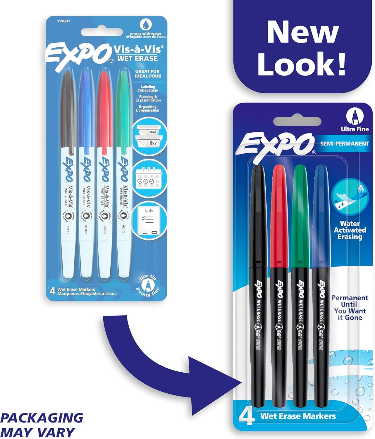 EXPO Wet Erase Markers, Semi-Permanent Markers, Assorted, Ultra Fine Point, 4 Count