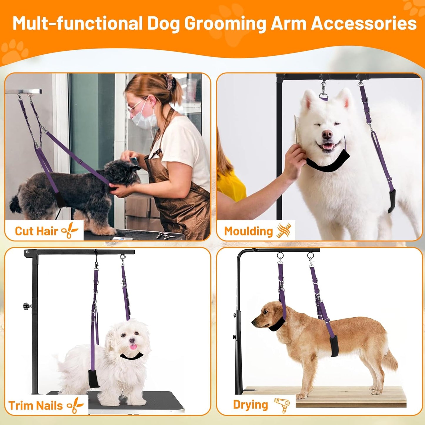 Dog Grooming Belly Strap - Dog Grooming Loops for Table Arm Extender with Clamp Extension Loop Bathing Restraint Leash No Sit Haunch Holder for Small & Medium Dogs Hair Cutting Washing (Purple)