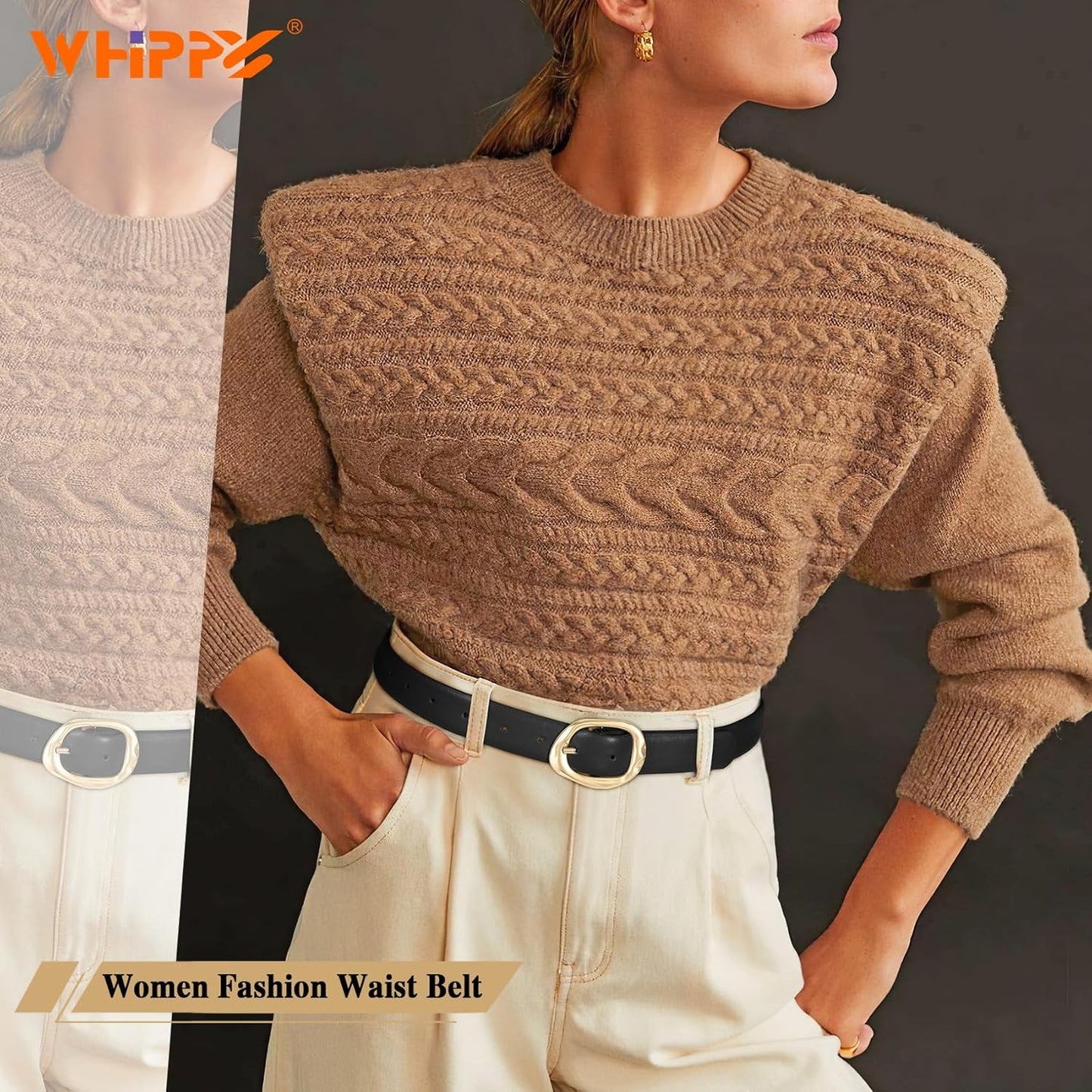 WHIPPY Leather Belt for Women Casual Waist Belt with Gold Buckle Fashion Ladies Belt for Jeans Pants Dress