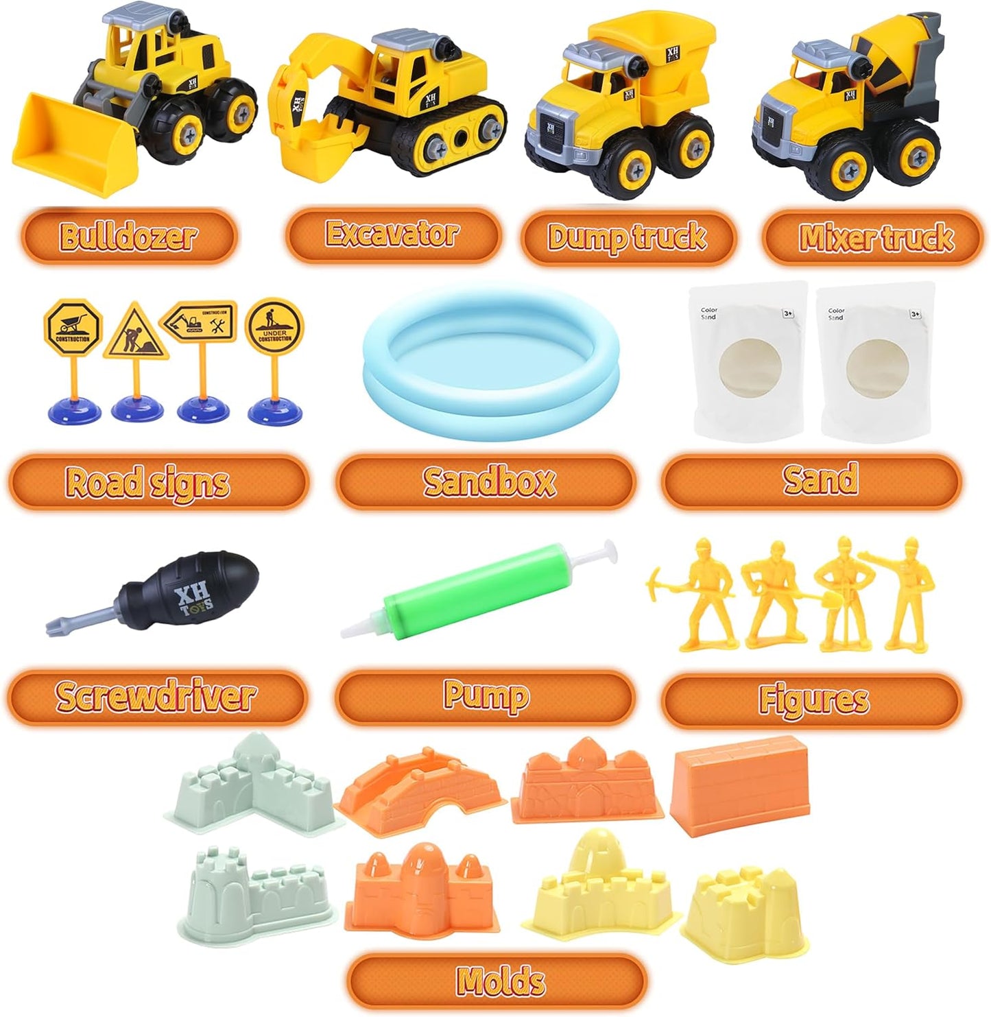 Play Construction Sand Kit,2.2lbs Magic Sand W/4 Large Take Apart Construction Trucks,1 Sandbox,8 Worker Figures and Road Signs,8 Molds,Toys for 2-8 Years Old Boys Girls