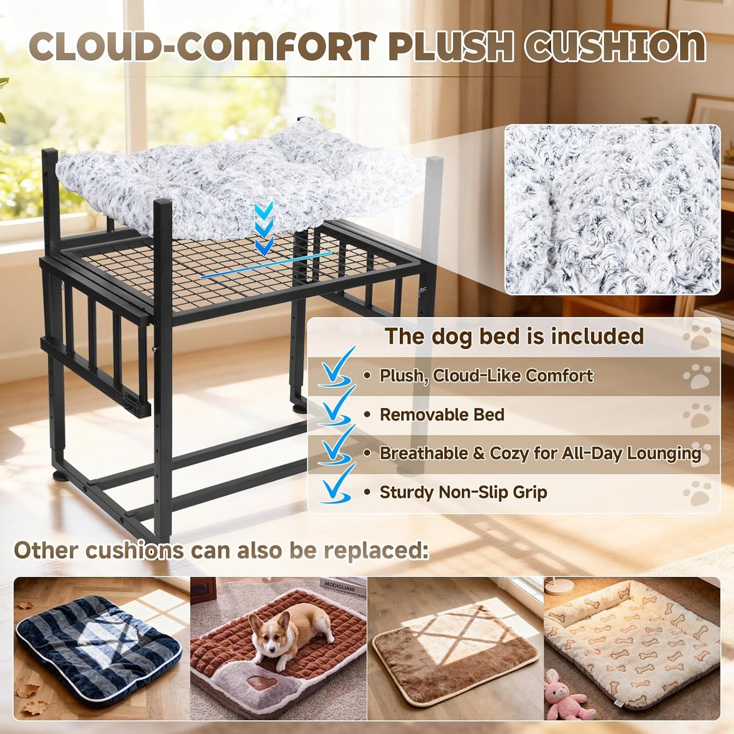 Beside Dog Bed and Mattress Set - Metal Three-Sided Fence Pet Dogs Bed Frame, Adjustable Height Dogs Bed Extension Attachment for Human Bed, for Small/Medium Puppy(25.5''L x 17.7''W)