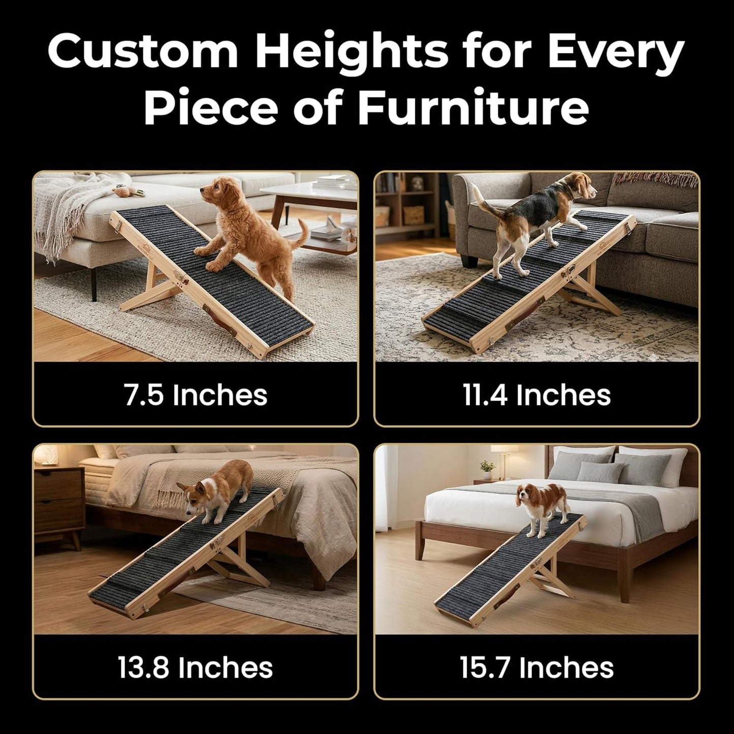 Dog Ramp for Bed & Couch, Foldable 4 Adjustable Dog Stairs for Small & Medium Dogs, Non-Slip Carpet Surface, Solid Pine Wood Dog Ramp for High Bed Sofa, Portable Dog Steps for Bed