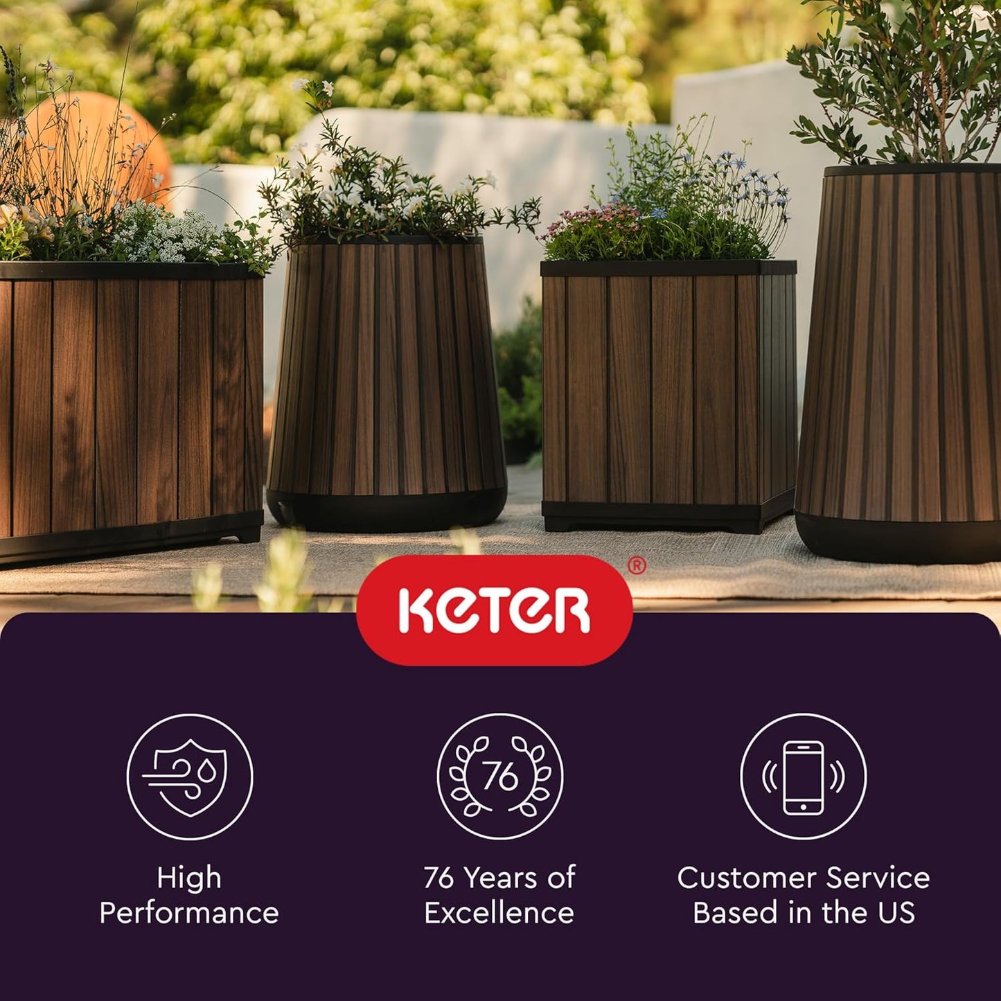 Keter Signature 21.6 Inch Tall Square Large Wood Look Planter for Indoor or Outdoor Flower Pot Ideal for Patio Deck and Front Porch Decor, Rosewood