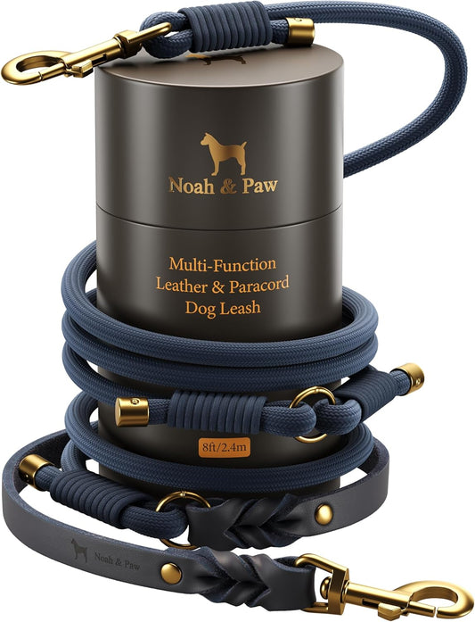 NOAH & PAW Hands Free Dog Leash, Oil-Waxed Leather & Heavy-Duty Paracord, 8 ft, Long Dog Leash with 6 Ways to Use (Ideal for Cats, Small, Medium & Large Dogs) Matching Collar Available. (Dark Blue)