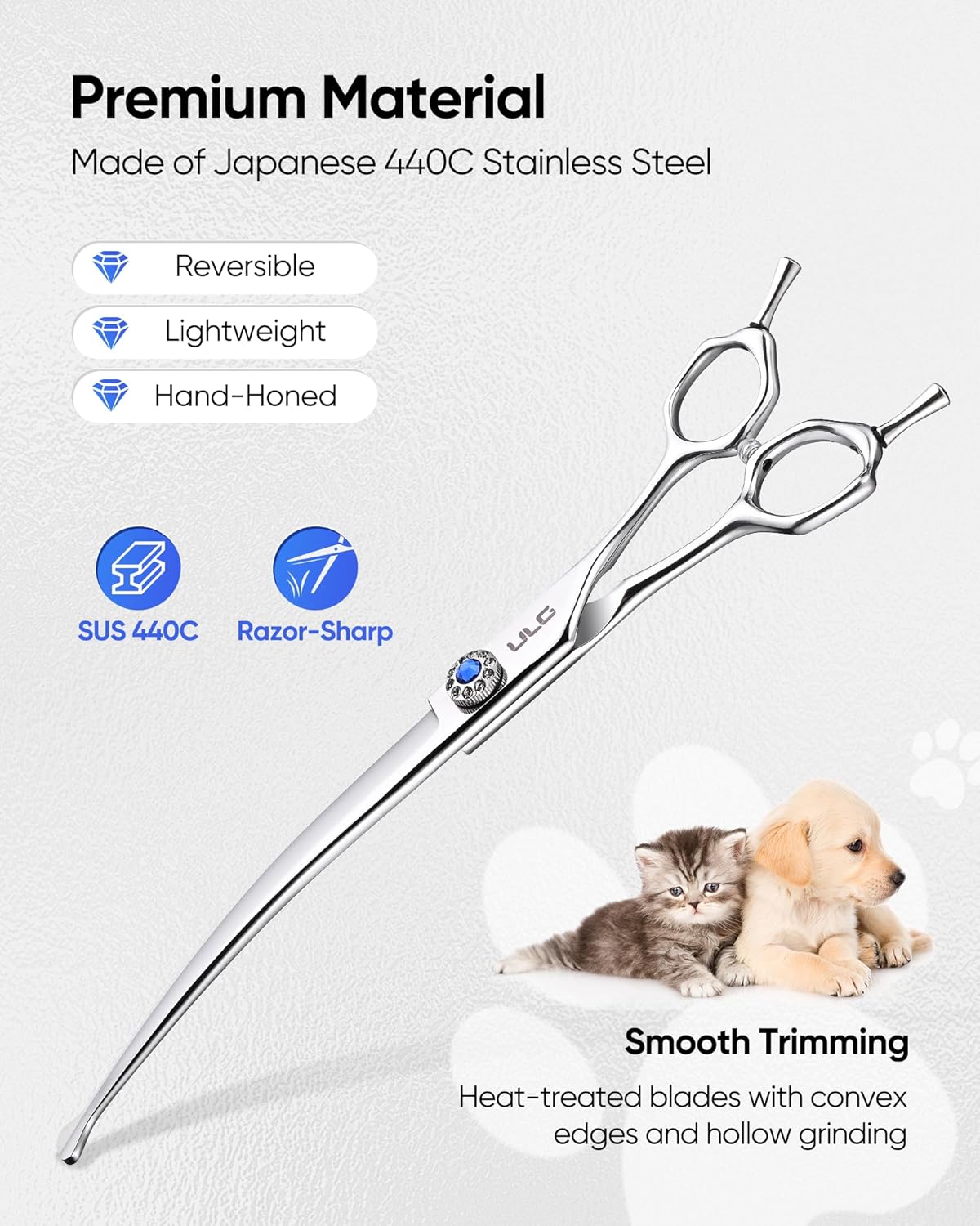 ULG Curved Dog Shears for Grooming, 7 Inch Professional Curved Dog Grooming Scissors for Trimming and Cutting, 440C Stainless Steel Pet Hair Scissors