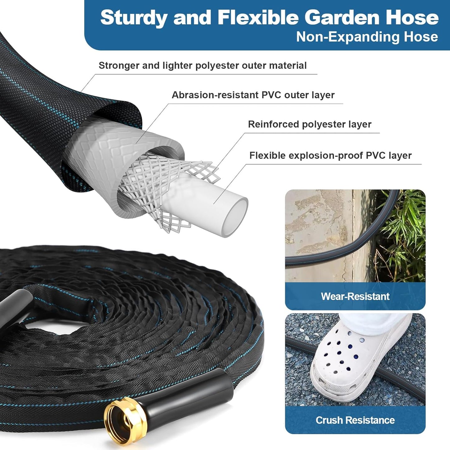 Garden Hose 50ft Lightweight, Non-Expanding, Leak-Proof Metal Connector, No-Knot No-Tangle, Easy to Store and Carry, Wear-Resistant, 3/4GHT Flexible Water Hose, Hose for Yard, Garden, Outdoor