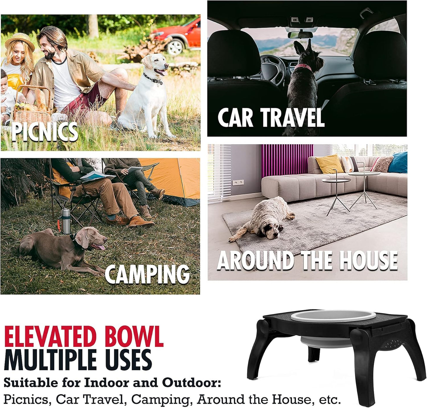 Tuff Pupper Elevated Dog Bowl - Single Raised Collapsible Travel Bowl Holds 80oz/12cups Food/Water