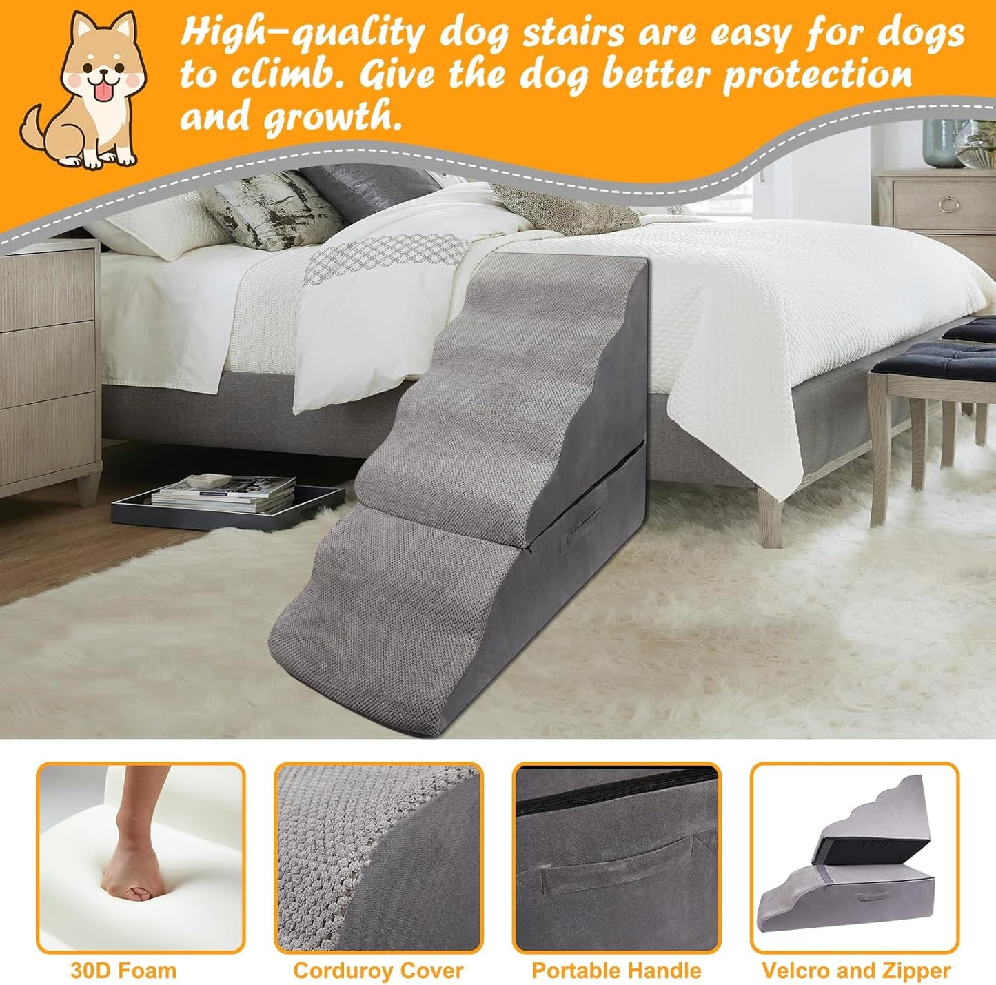 Dog Stairs&Steps for 30 Inches High Bed Up to 30-36 Inch Tall, Pet Cat Ramp Ladder for Small Dogs, Doggie, Old Cats, Kitty, Small Animals Grey No Assembly Required
