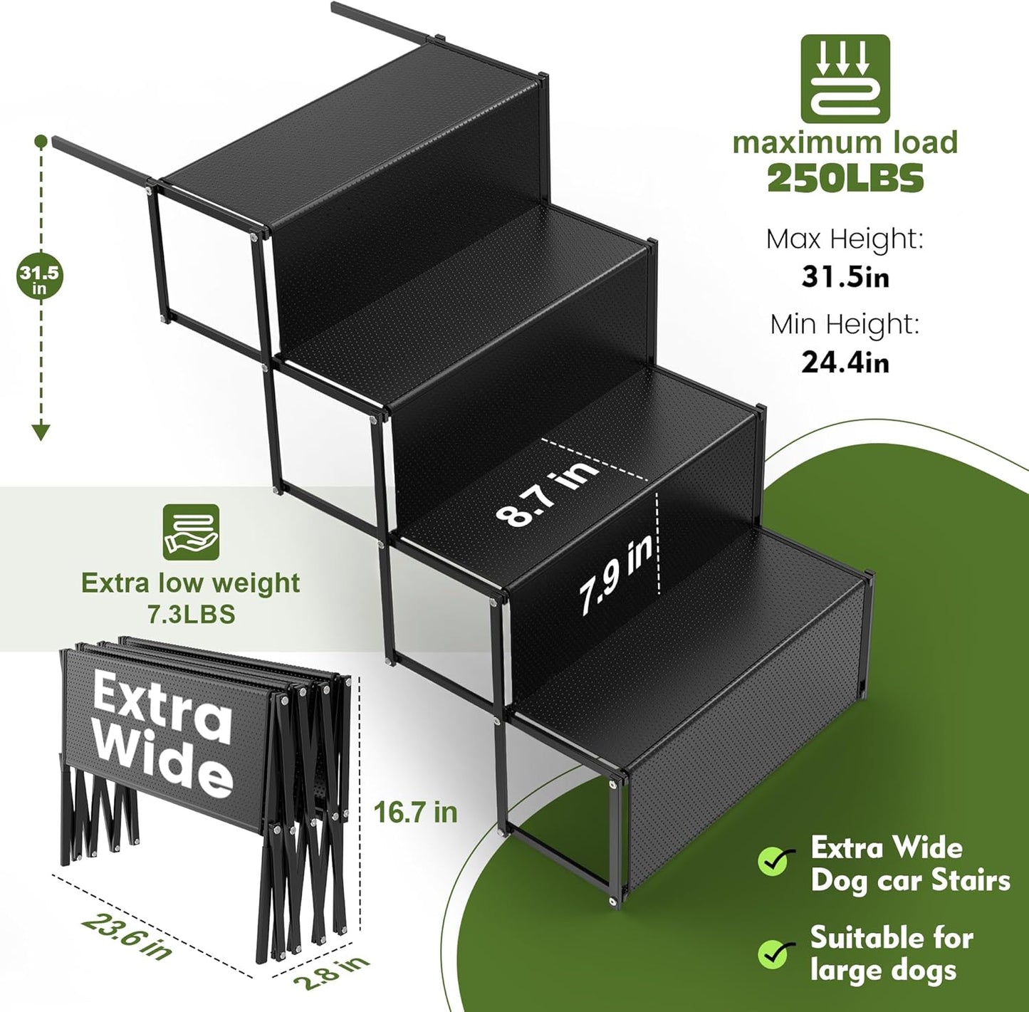 Dog ramps with 23.6" Extra-Wide - Portable 4-Dog Steps with Non-Slip Surface, 250 lbs Capacity for Large Dogs, Extra-Wide Foldable Dog Ramps for Cars, SUVs, and Trucks