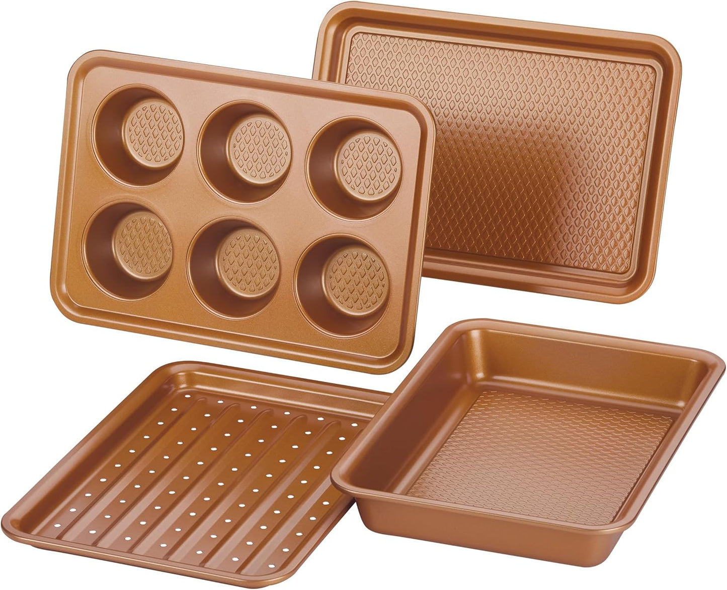 Ayesha Curry Nonstick Bakeware Toaster Oven Set with Nonstick Baking Pan, Cookie Sheet / Baking Sheet and Muffin Pan / Cupcake Pan - 4 Piece, Copper Brown