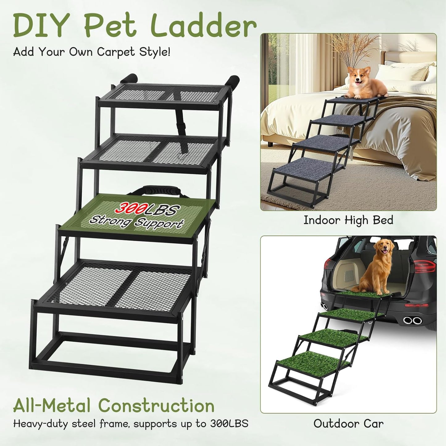 Dog Stairs for Car, Sturdy Metal Foldable Pet Steps Heavy Duty Non-Slip Dog Ramp for SUV High Bed, 300LBS Capacity Adjustable Height